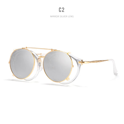 Sonnenbrille rund Steampunk Clip-On abnehmbar polarisiert Markenbox Herren