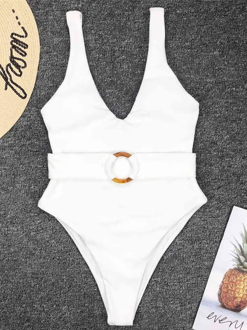 Damen Badeanzug tiefer V-Ausschnitt Monokini High-Cut Taillenband Einteiler