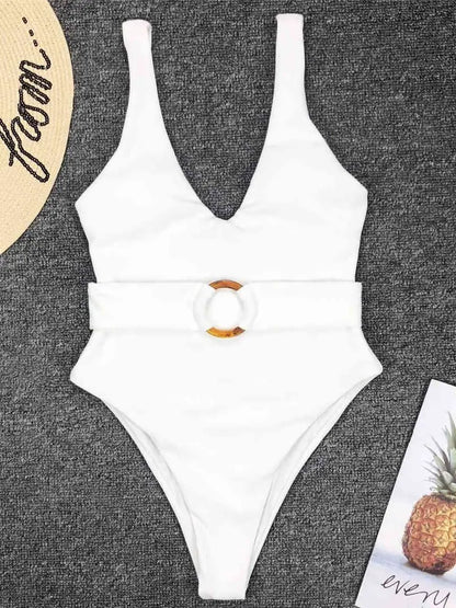 Damen Badeanzug tiefer V-Ausschnitt Monokini High-Cut Taillenband Einteiler