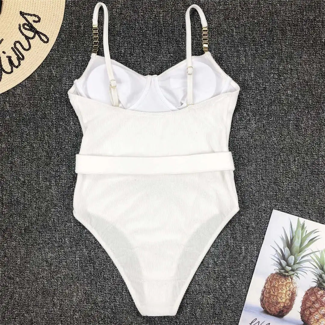 Damen-Badeanzug Rippe Gürtel High-Cut Bodysuit einteilig