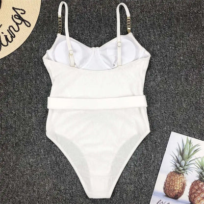 Damen-Badeanzug Rippe Gürtel High-Cut Bodysuit einteilig