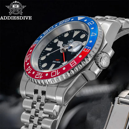 ADDIESDIVE Watch For Man GMT BGW9 Super Luminous 316L Stainless Steel 20Bar Diving Ceramic Bezel Quartz Watch