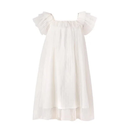 Beiges Sommerkleid für Mädchen im französischen Prinzessinnenstil mit kurzen Ärmeln – ideal für Geburtstagsfeiern und Hochzeiten, geeignet für Kinder von 110 cm bis 170 cm