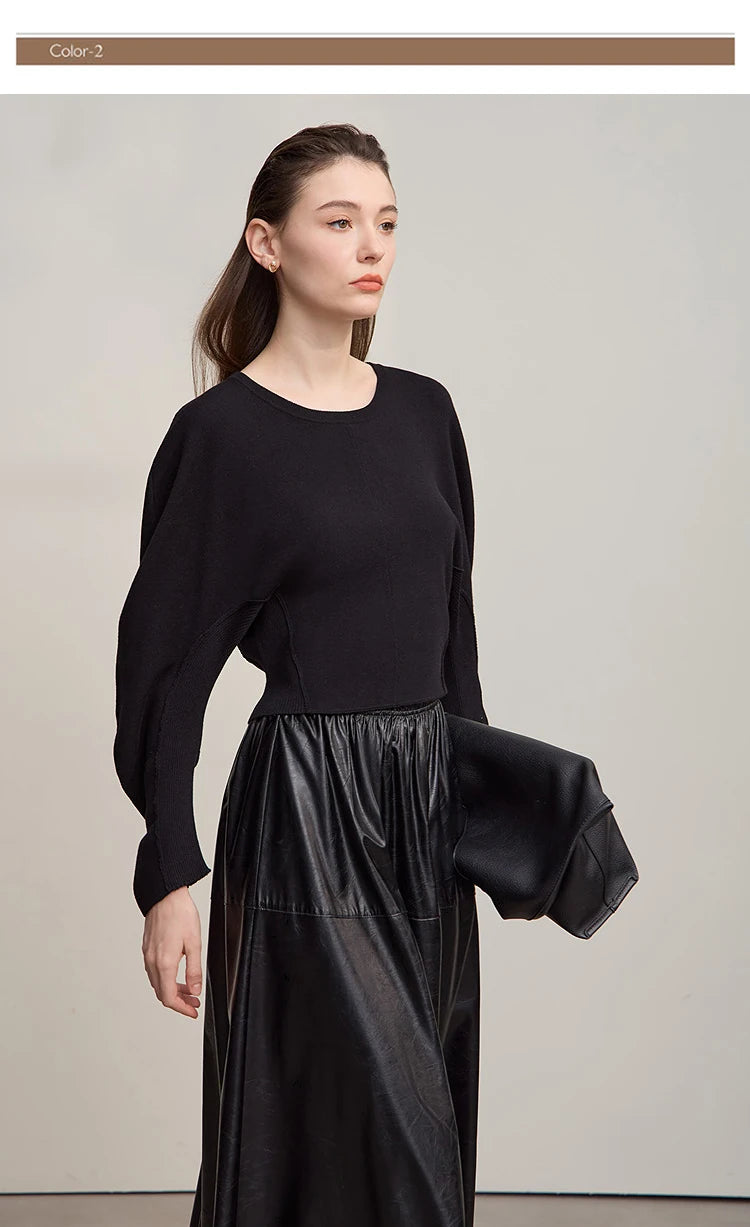 Damenpullover mit O-Ausschnitt, einfarbig, lange Ärmel, schwarze Feinstrick-Optik