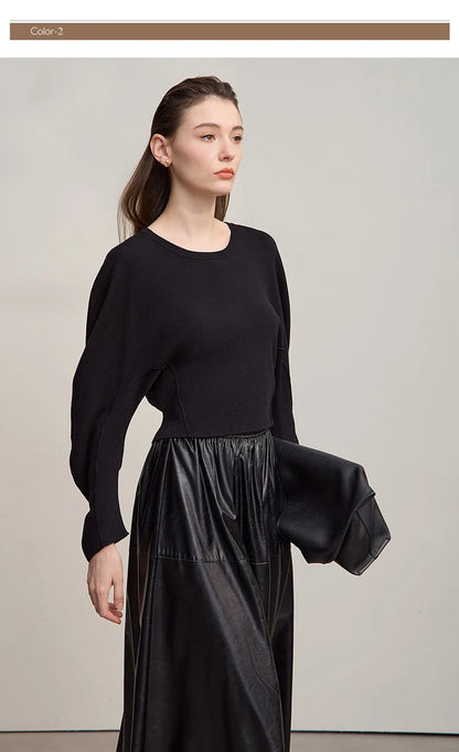 Damenpullover mit O-Ausschnitt, einfarbig, lange Ärmel, schwarze Feinstrick-Optik