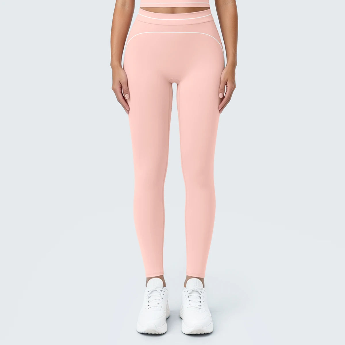 Nahtlose Yoga-Leggings mit hoher Taille, hellrosa, figurbetont mit feiner Umrandung.