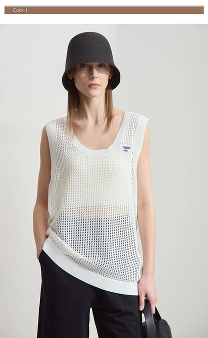 Damen V-Ausschnitt Pullover Viskose ärmellos Lochmuster Sommer