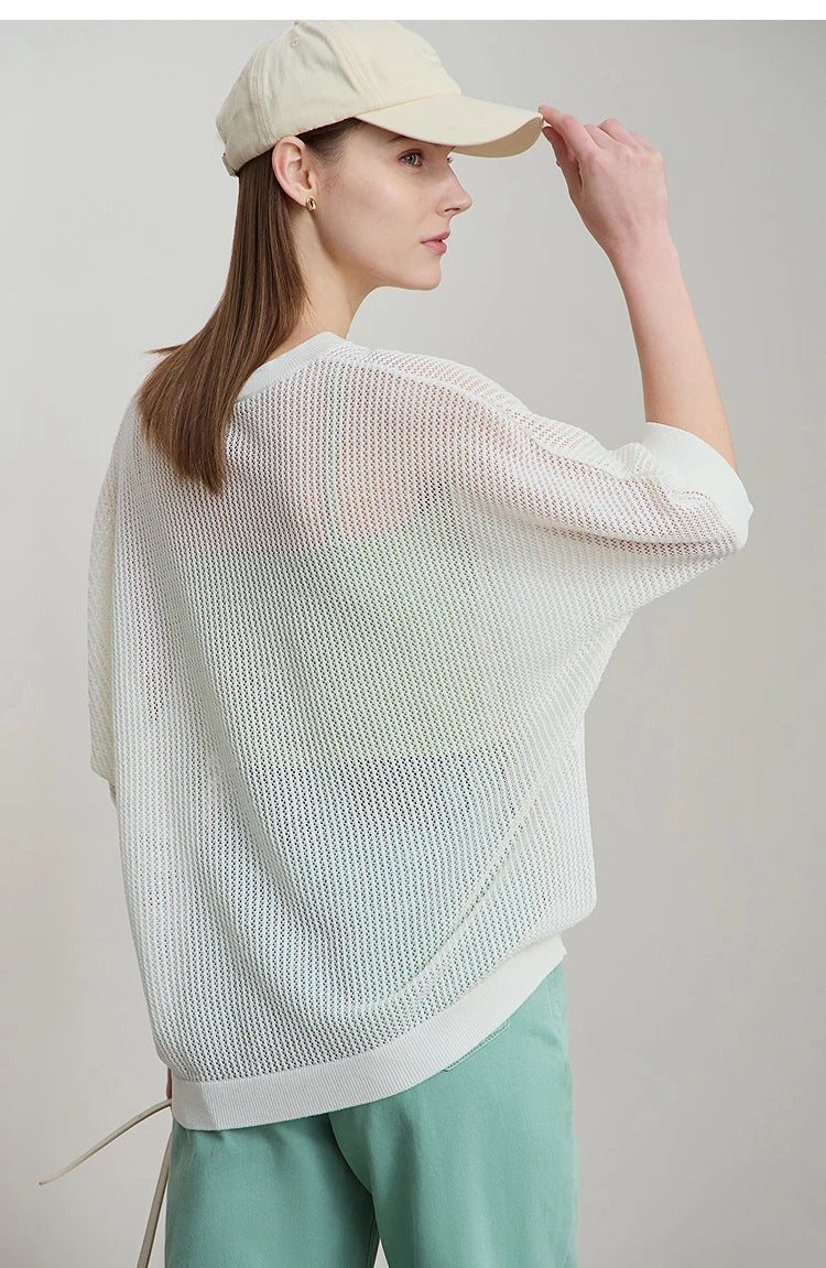 Damen-Strickpullover mit Rundhalsausschnitt, halben Ärmeln und Lochmuster, creme