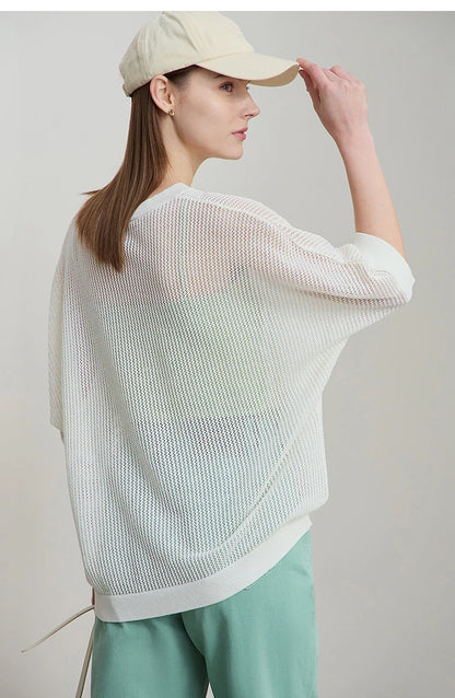 Damen-Strickpullover mit Rundhalsausschnitt, halben Ärmeln und Lochmuster, creme