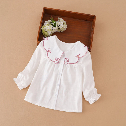Mädchen-Shirt 2025, Frühling und Herbst, Baby-Kinder, 100 % Baumwolle, langärmelige Kleidung, niedliches Kaninchen, bestickte Oberteile für 2–6 Jahre