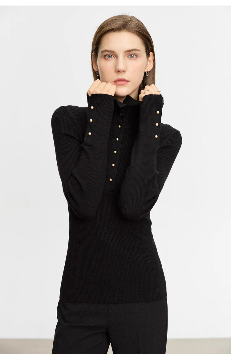 Damen-Strickjacke Rollkragen Knopfleiste Slim halboffene Front Herbst
