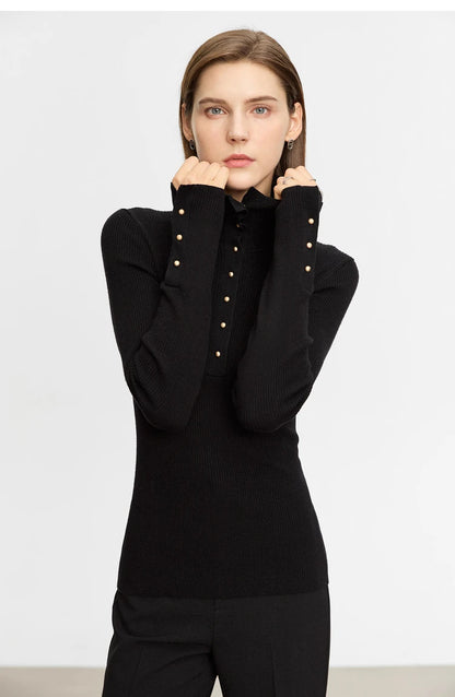 Damen-Strickjacke Rollkragen Knopfleiste Slim halboffene Front Herbst