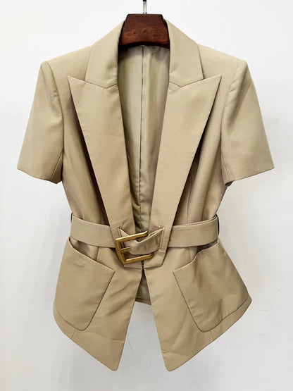 Damen-Blazer Kurzarm Gürtel lässig V-Ausschnitt Einknopf