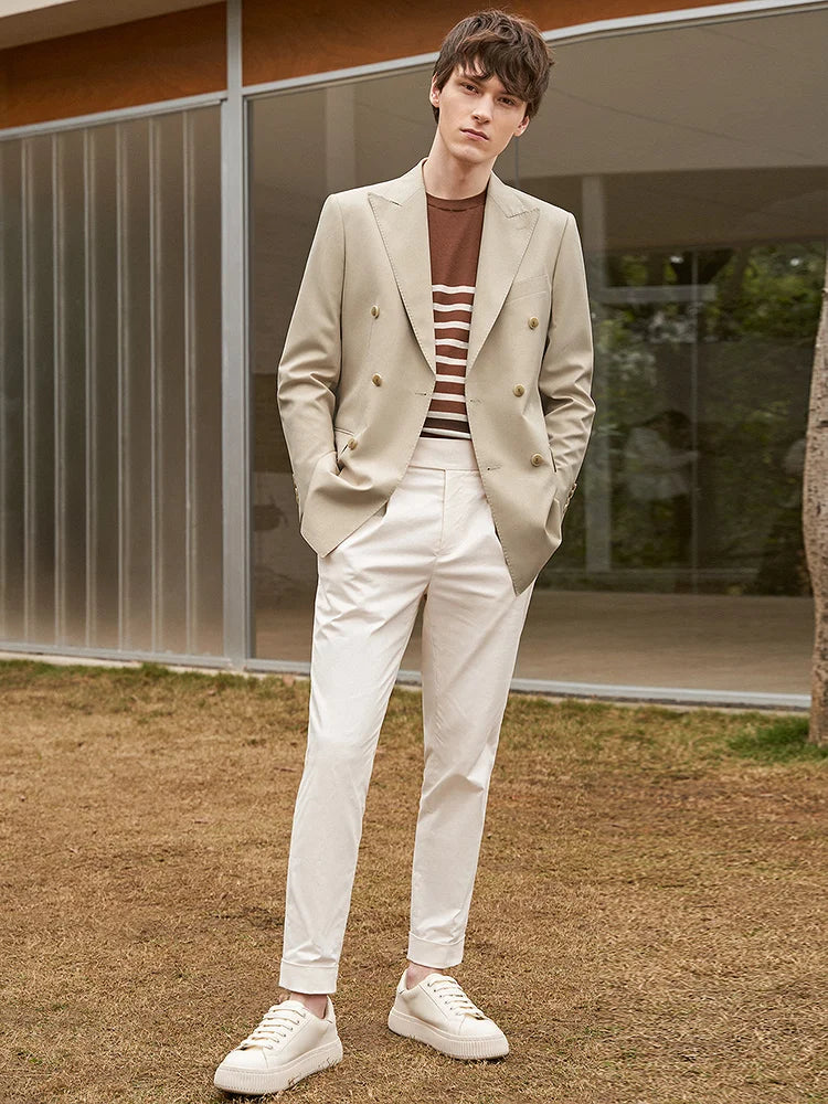 Eleganter Herrenanzug aus 30% Wolle: Zweireihiger Slim Fit in Beige-Khaki für Hochzeiten