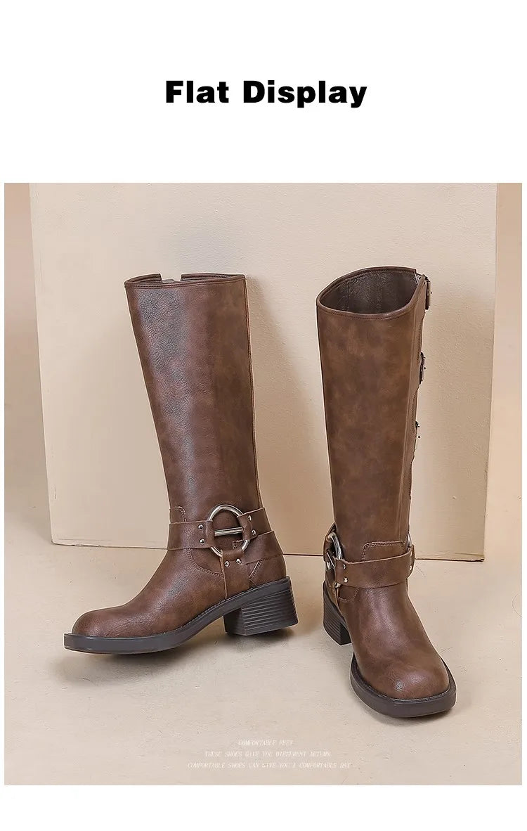 AIYUQI Women Cowboy Boots 2025 Autumn New Belt Buckle Women Marton Boots British Style Large Size 41 42 43 Women Long Boots