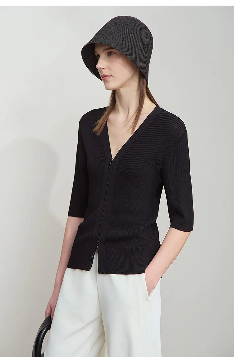 Damen V-Ausschnitt Strickjacke Slim Reißverschluss Viskose Herbst