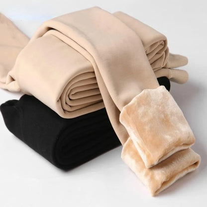 Warme Samt-Leggins für Damen, einfarbig cremebeige, hohe Taille, gefütterter Bund