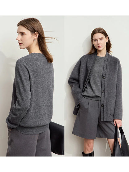 Damen-Rundhalspullover Wolle-Kaschmir nahtlos Streetwear Herbst-Winter