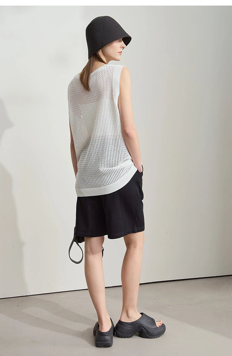 Damen V-Ausschnitt Pullover Viskose ärmellos Lochmuster Sommer