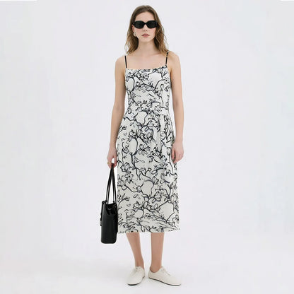 Elegantes Langes Sommerkleid Mit Gürtel Und Blumendruck Für Frau