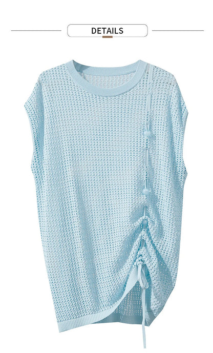 Hellblauer Strickpullover (Ärmellos/Kurzarm) mit Kordelzug-Details und Bindebändern