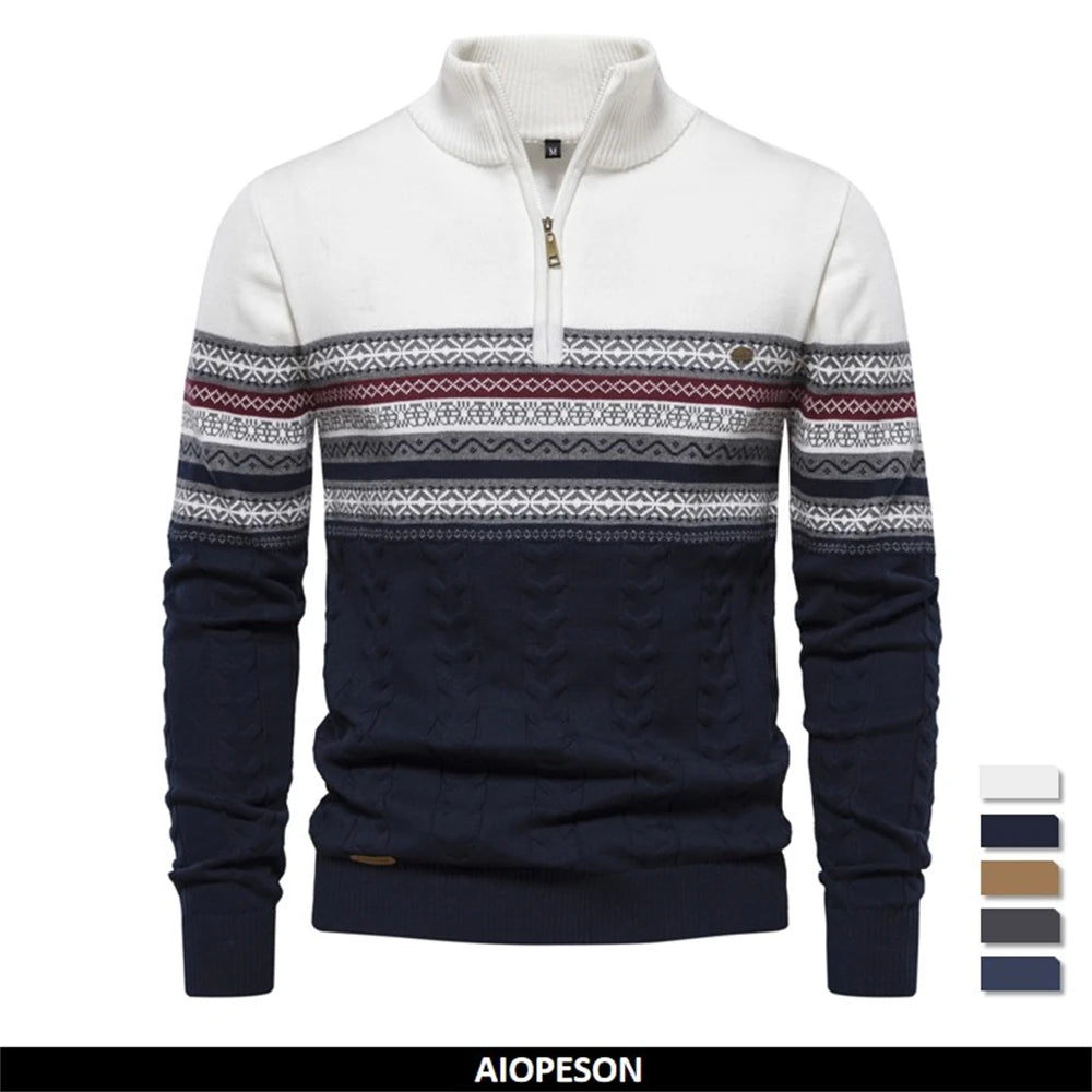 Herrenpullover aus Baumwolle mit Rundhalsausschnitt und Streifenmuster – Hochwertiger Strick für Herbst und Winter