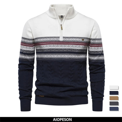 Herrenpullover aus Baumwolle mit Rundhalsausschnitt und Streifenmuster – Hochwertiger Strick für Herbst und Winter