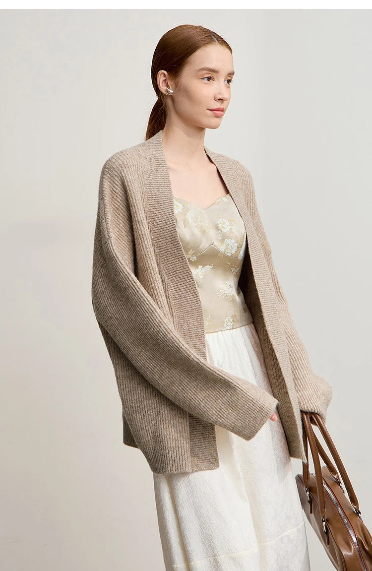 Damen V-Ausschnitt Cardigan lang Wolle-Mix offen Winter