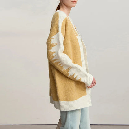 Damen V-Ausschnitt Cardigan lang Patchwork Wolle-Mix Winter