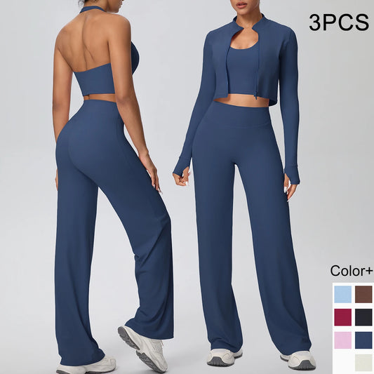 Damen Yoga-Set: langarmiges Crop-Top und weite Hose, navyblau
