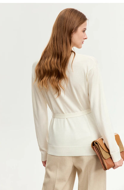Damen-Strickjacke V-Ausschnitt chinesischer Stil Gürtel Langarm Herbst