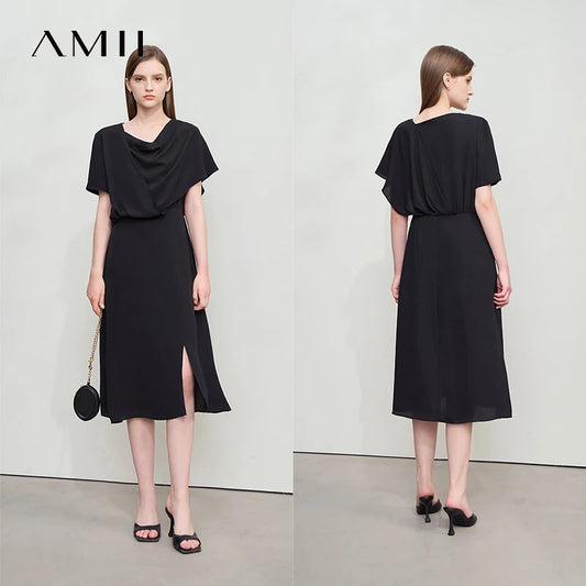 Schwarzes Damen-Bürokleid mit Schwingkragen und seitlichem Schlitz