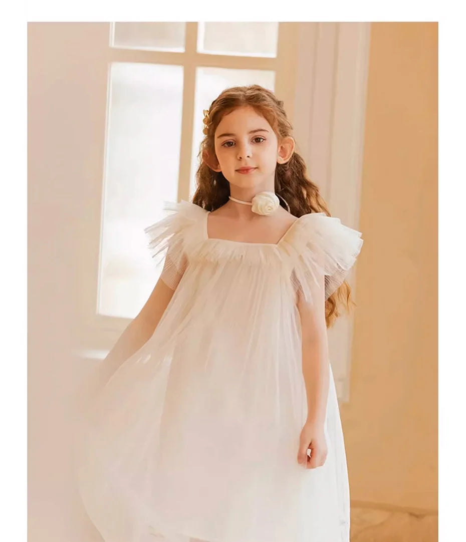 Beiges Sommerkleid für Mädchen im französischen Prinzessinnenstil mit kurzen Ärmeln – ideal für Geburtstagsfeiern und Hochzeiten, geeignet für Kinder von 110 cm bis 170 cm
