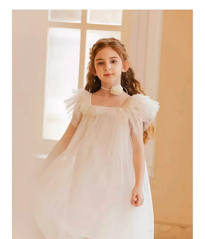 Beiges Sommerkleid für Mädchen im französischen Prinzessinnenstil mit kurzen Ärmeln – ideal für Geburtstagsfeiern und Hochzeiten, geeignet für Kinder von 110 cm bis 170 cm