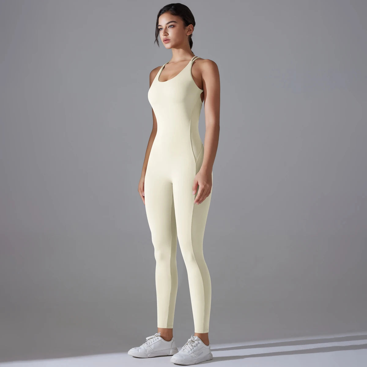 Damen-Yoga-Bodysuit, ärmellos, langes Bein, rückenfrei, enganliegend, helles Ivory