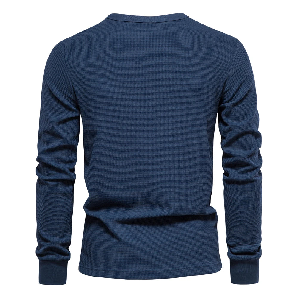 Herren-T-Shirt aus Waffel-Baumwolle mit langen Ärmeln – einfarbiges Einzeltaschen-Design, atmungsaktives Herbst-Basic-Oberteil für lässige Outfits