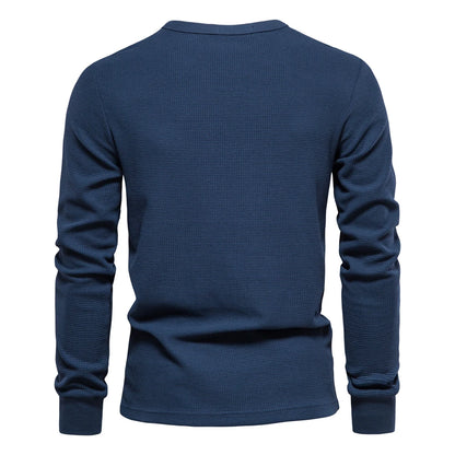 Herren-T-Shirt aus Waffel-Baumwolle mit langen Ärmeln – einfarbiges Einzeltaschen-Design, atmungsaktives Herbst-Basic-Oberteil für lässige Outfits