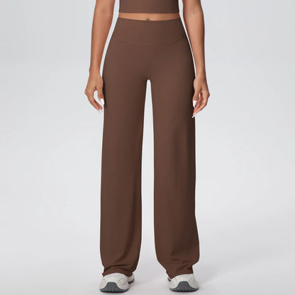 Damen Yoga-Hose, schokoladenbraun, hoher Bund, gerade weit fallend, atmungsaktiv