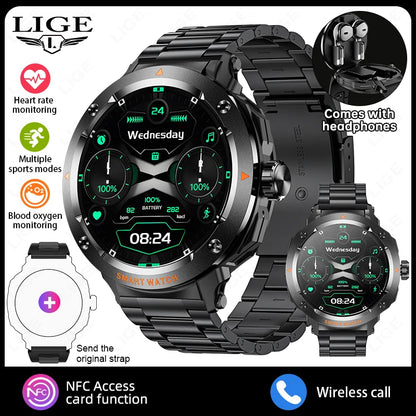 LIGE Neue TWS 2-in-1 Smart Uhr Mit Headset Bluetooth Anruf NFC Smartwatch Männer Herzfrequenz Blut sauerstoff Spielen Musik Ohrhörer Uhr