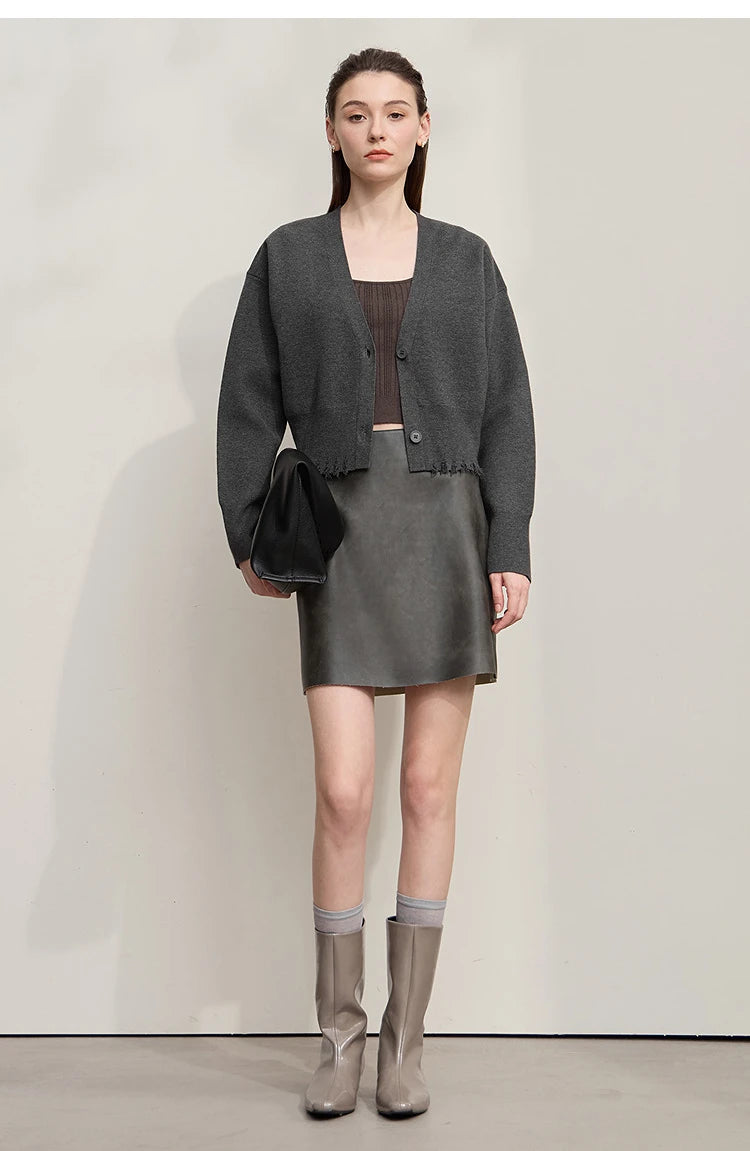 Damen-Strickjacke V-Ausschnitt kurz Quaste locker Langarm Herbst