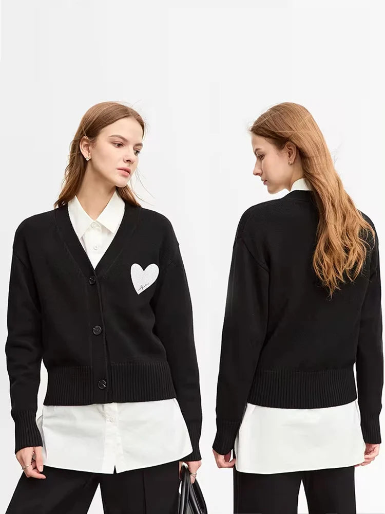 Damen-Strickjacke V-Ausschnitt Wollstickerei locker romantisch Winter