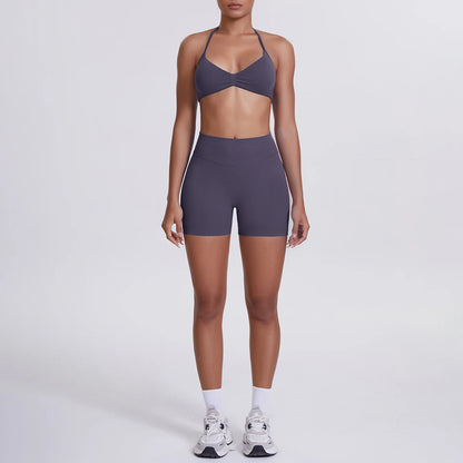 Nahtloses Yogaset für Frauen in grauviolett: High-Waist Shorts & Sport-BH