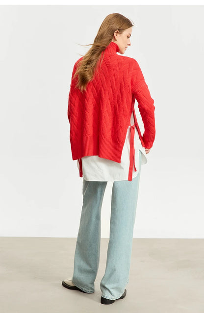 Damen-Rollkragenpullover locker Schnürung Herbst-Winter