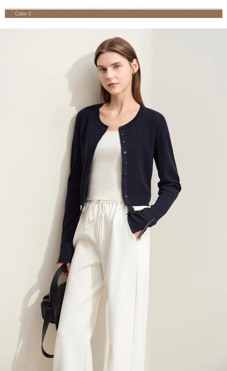 Damen-Strickjacke Rundhals Wolle Streifen kurz Pendler Slim Herbst