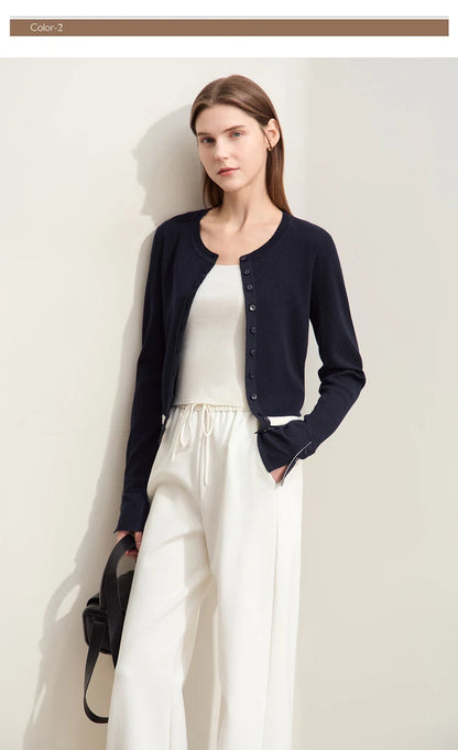 Damen-Strickjacke Rundhals Wolle Streifen kurz Pendler Slim Herbst