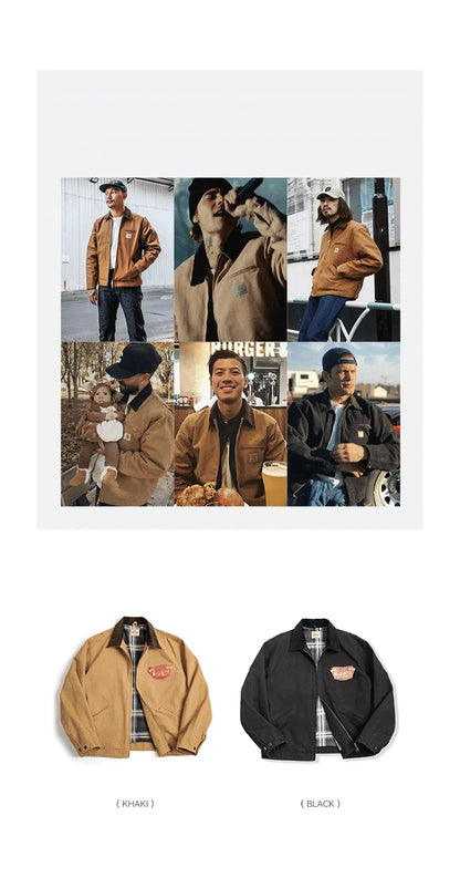Herren Jacke Retro Canvas Detroit schwere Taschen Reverskragen Reißverschlussmantel