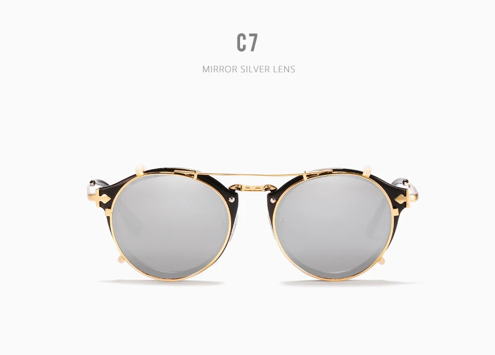 Sonnenbrille rund Steampunk Clip-On abnehmbar polarisiert Markenbox Herren