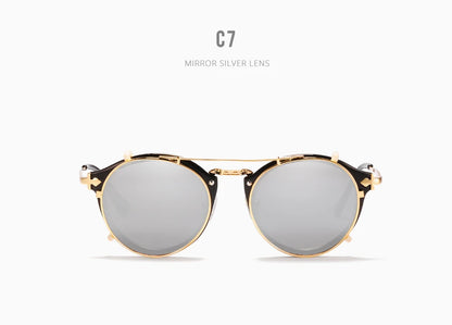 Sonnenbrille rund Steampunk Clip-On abnehmbar polarisiert Markenbox Herren