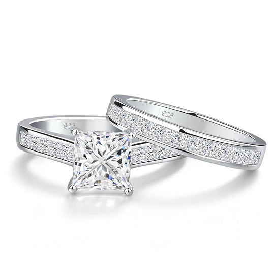 Damen-Verlobungsringe-Set aus Moissanit in 925 Sterlingsilber mit Echtheitszertifikat und quadratischem Schliff