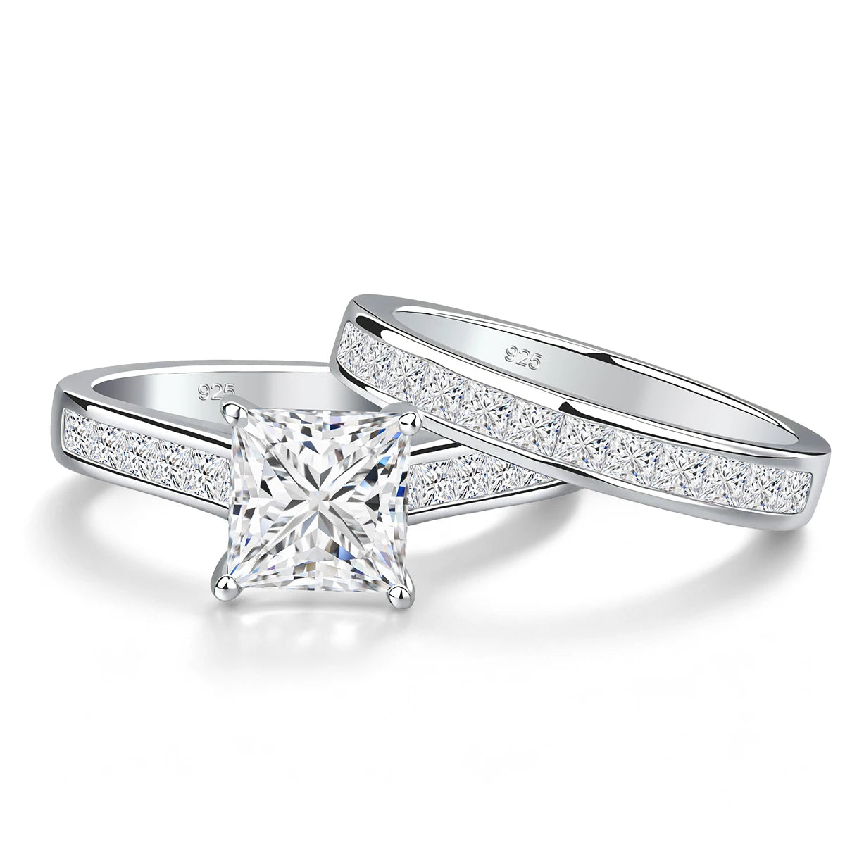 Damen-Verlobungsringe-Set aus Moissanit in 925 Sterlingsilber mit Echtheitszertifikat und quadratischem Schliff